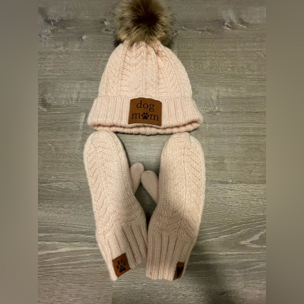 Women's Dog Mom Beanie and Gloves Set Winter Hat Knit Cap Dog Lover One Size